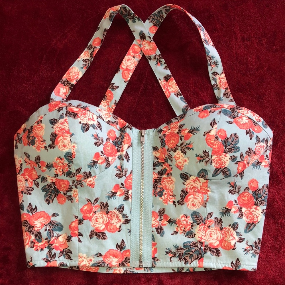 Crop top bustier style crossback front zip S